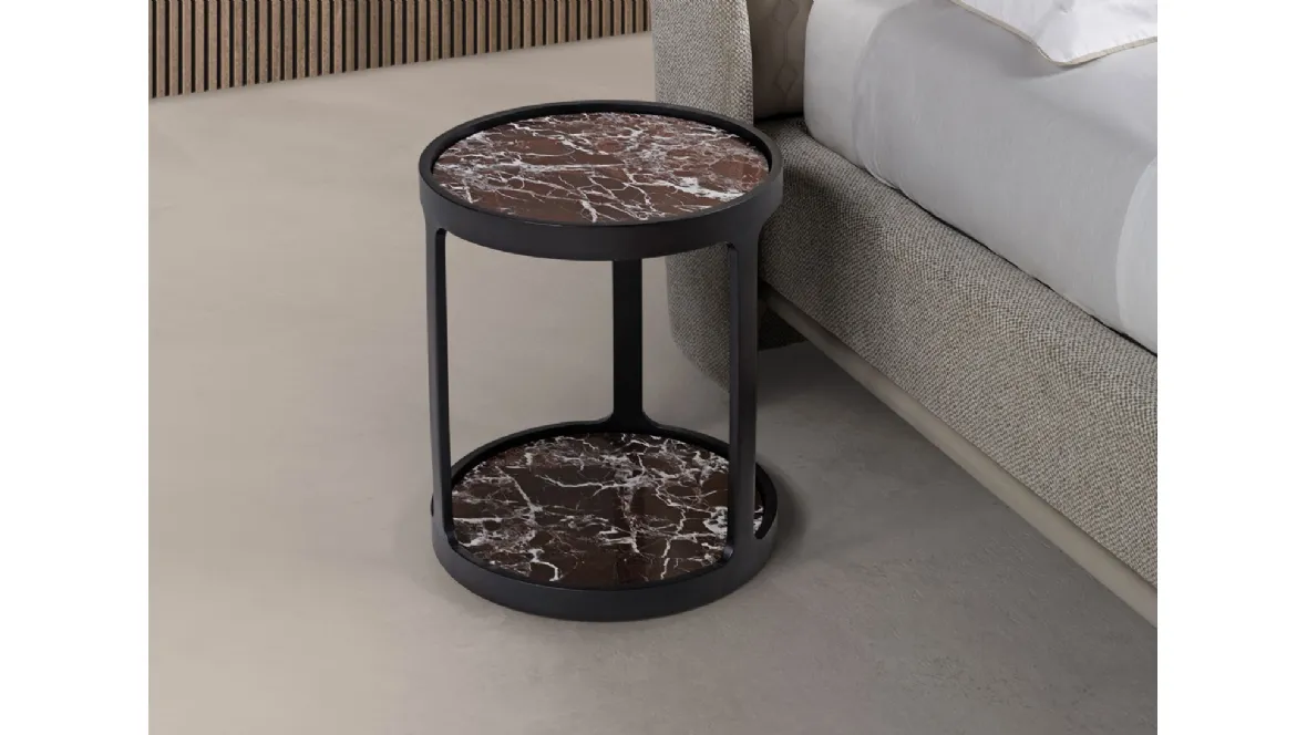 tavolino rotondo con doppio piano in marmo e struttura in legno Bergère di Conte