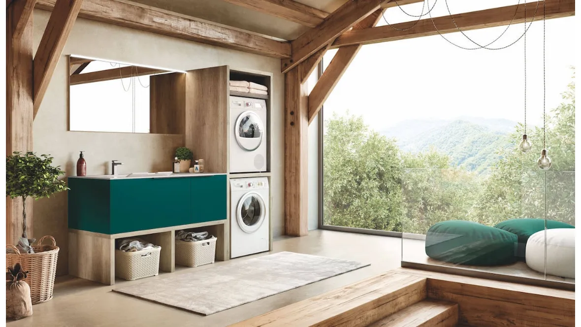 Mobile da Bagno per lavanderia in laccato Verde Blu opaco e HPL Rovere Laundry 08 di Puntotre