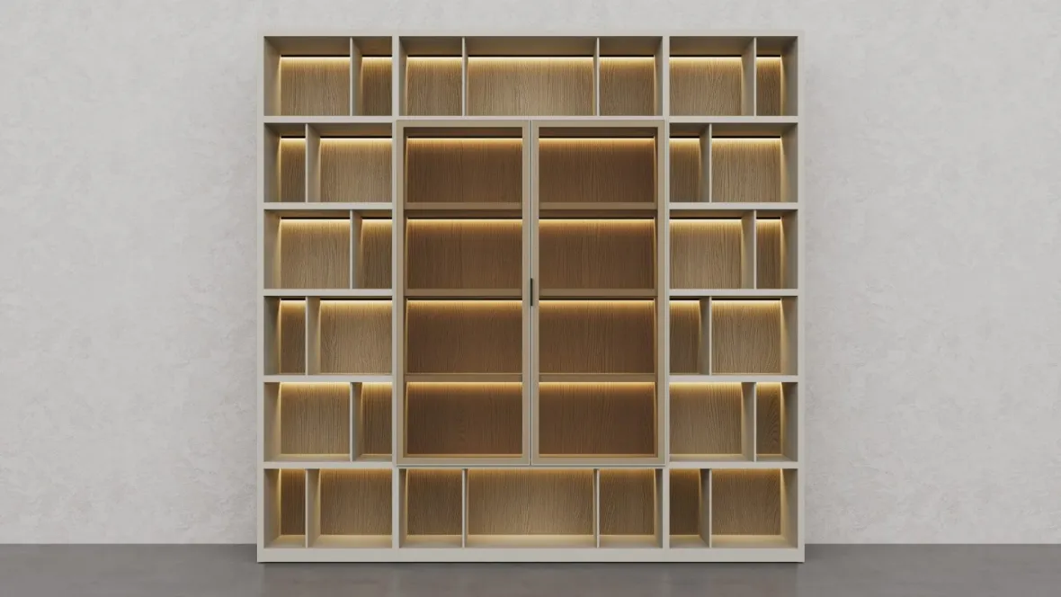 Libreria in laccato Creta e essenza legno Barrique di Fratelli Elli