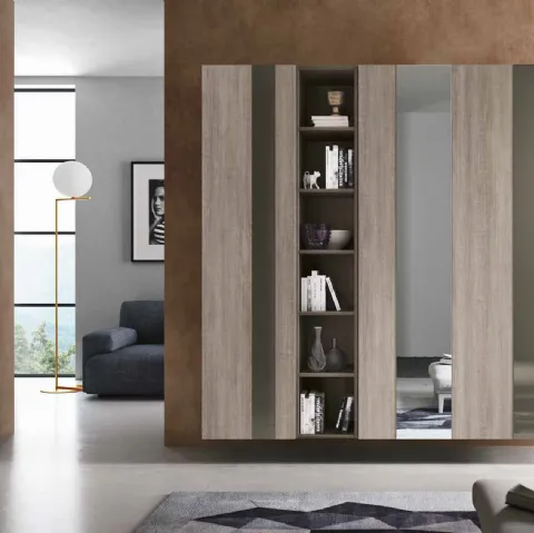 Mobile ingresso Mini 306 in rovere cenere, rovere fumo, vetro laccato e specchio argento di Artigianmobili