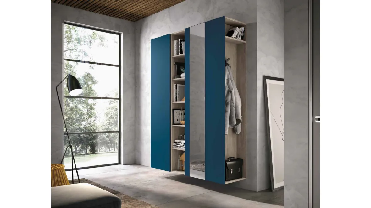 Mobile ingresso Mini 308 in laccato blu opaco, rovere cenere e specchio argento di Artigianmobili