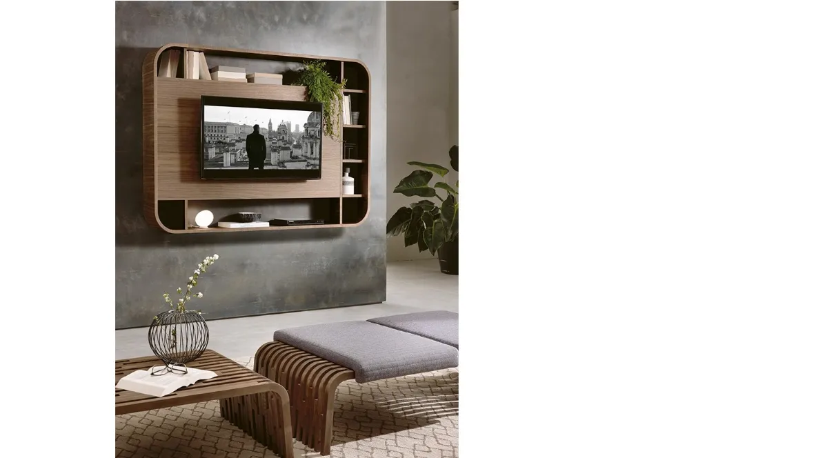 Mobile Porta Tv a muro in legno con libreria dalle forme arrotondate Vision TV di Pacini e Cappellini