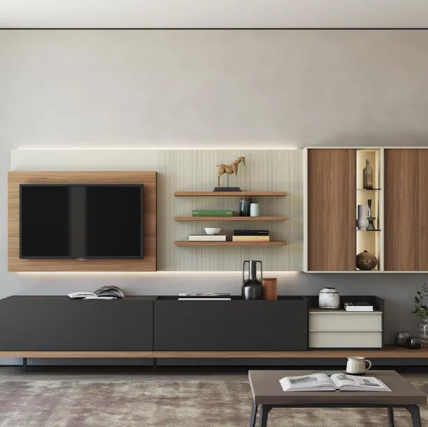 Mobile Porta Tv a muro in legno con libreria dalle forme arrotondate Vision TV di Pacini e Cappellini