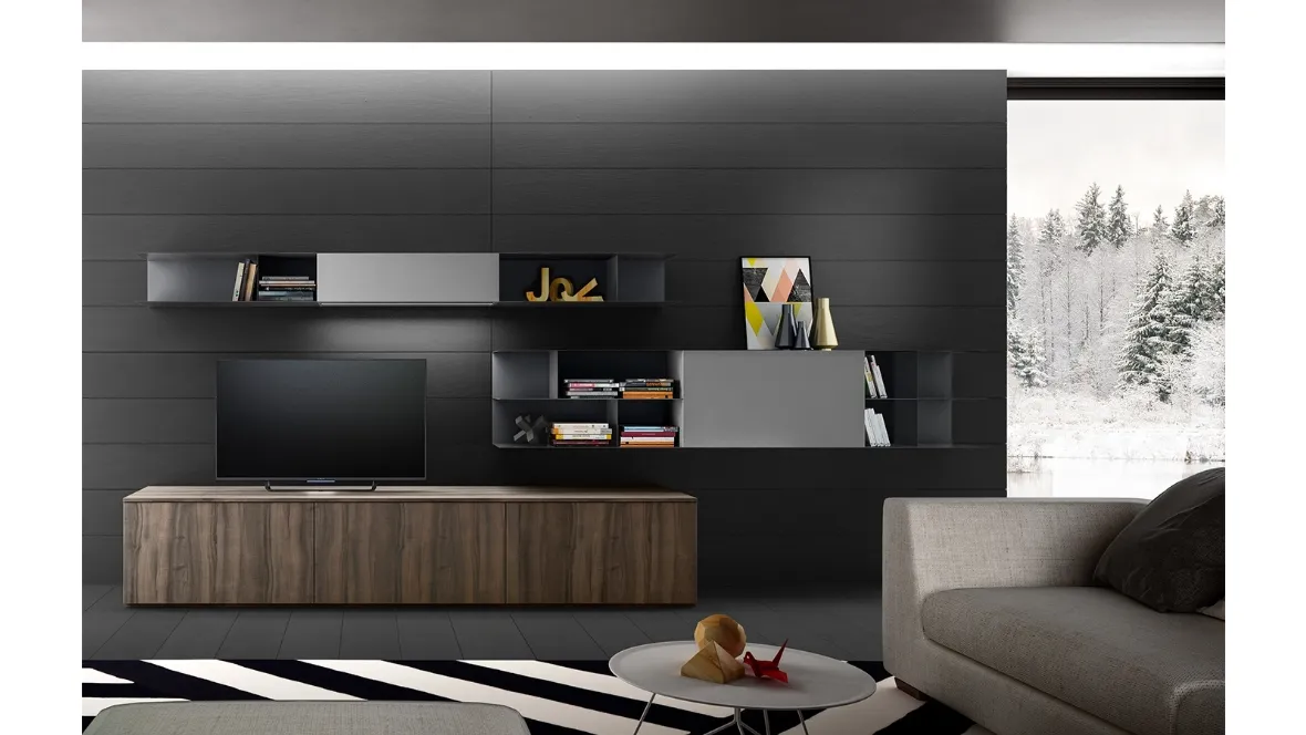 Parete Attrezzata Living 06 in laminato effetto legno e laccato Grigio opaco di Arredo3