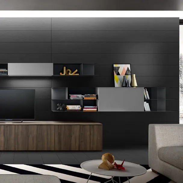 Parete Attrezzata Living 06 in laminato effetto legno e laccato Grigio opaco di Arredo3
