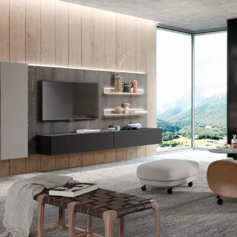 Parete Attrezzata Skyline Landscape & Feelings in laccato e Rovere grigio di Astor Mobili