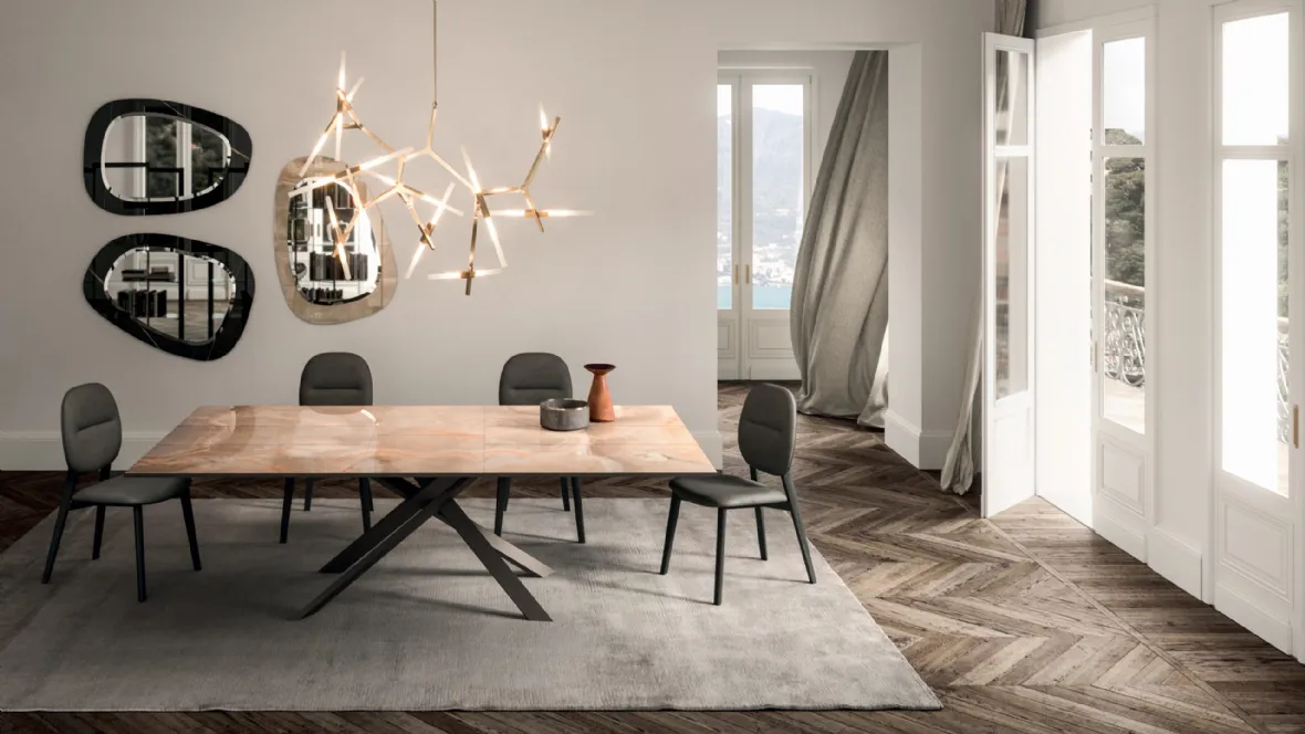 Tavolo rettangolare in marble glass e base in metallo 4X4 Allungabile di Ozzio
