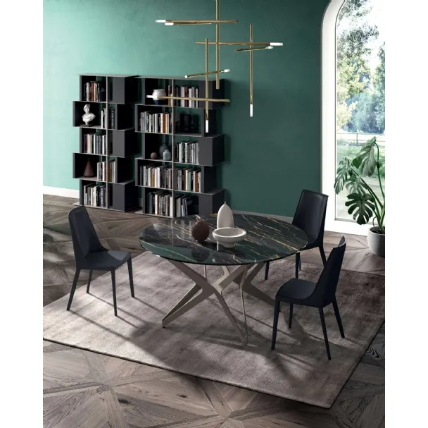 Tavolo Big Round Fisso in Cristallo Ceramica Noir Desir con base in metallo di Ozzio