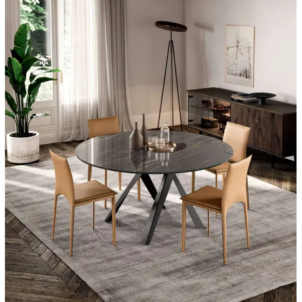 Tavolo rotondo Emisfero Fisso con top in Cristallo Ceramica Noir Desir e base in metallo di Ozzio