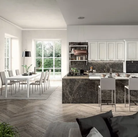 Cucina Classica angolare con penisola in legno di Frassino laccato Bianco a poro aperto e laminato effetto marmo Emma di Arredo3