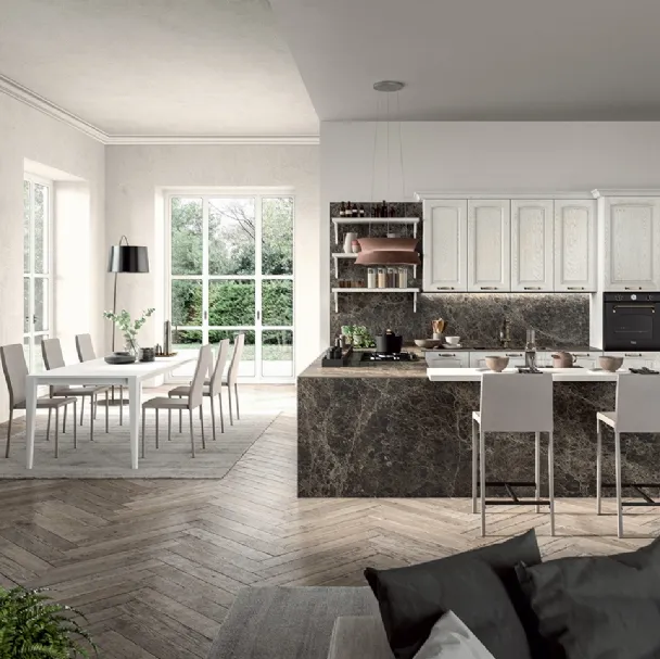 Cucina Classica angolare con penisola in legno di Frassino laccato Bianco a poro aperto e laminato effetto marmo Emma di Arredo3