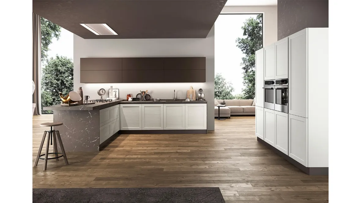 Cucina angolare Classica Frame con basi in Frassino e top in laminato effetto Marmo di Arredo3