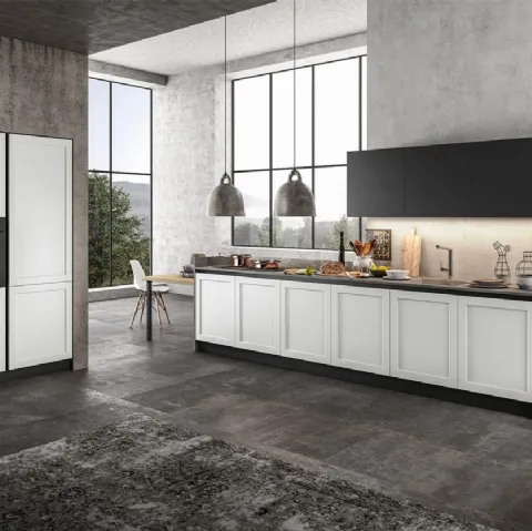 Cucina Classica lineare in Pet opaco Bianco, pensili in laccato Nero e top in laminato Grigio Frame di Arredo3