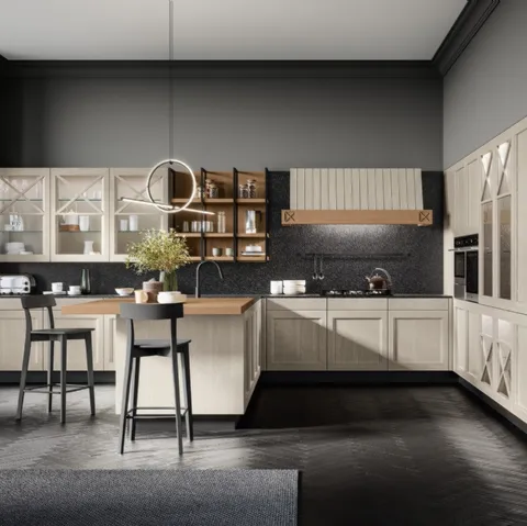 Cucina Classica angolare Frida classic in Frassino massello finitura decapè Fieno con top in quarzo di Arredo3