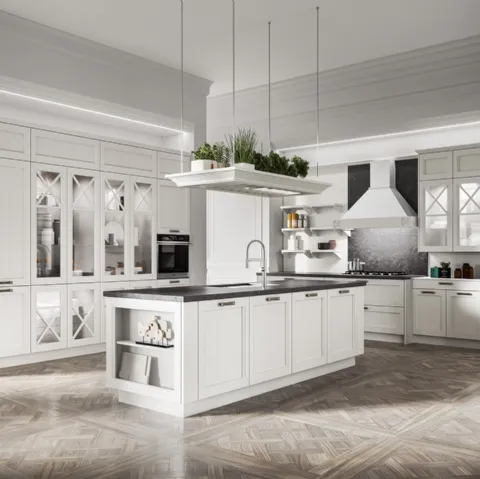 Cucina Classica con isola in legno di Frassino massello laccato Bianco a poro aperto e top in Dekton Fossil Frida classic di Arredo3