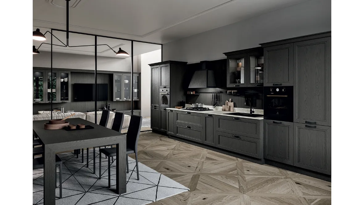 Cucina Classica lineare in legno di frassino finitura decapè Titanio e top in quarzo Opera di Arredo3