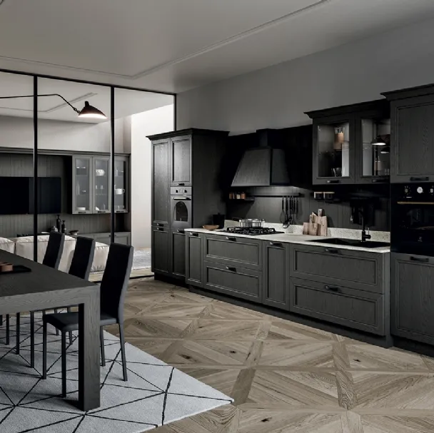 Cucina Classica lineare in legno di frassino finitura decapè Titanio e top in quarzo Opera di Arredo3