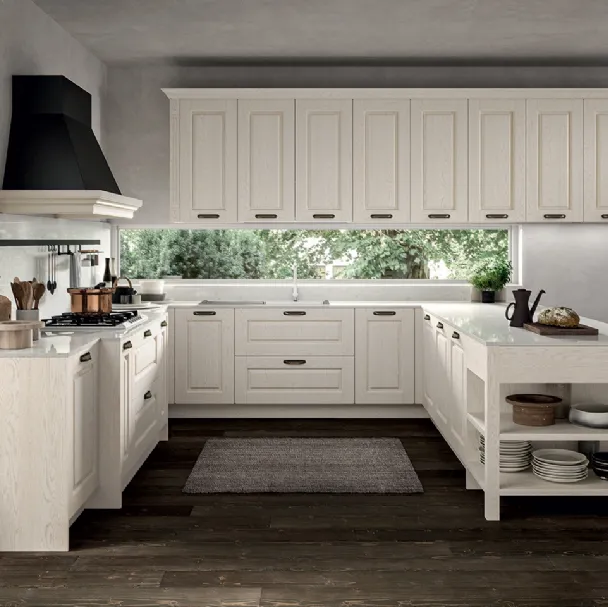 Cucina Classica angolare in Frassino laccato a poro aperto Bianco, tonalità ripresa dal piano di lavoro e dallo schienale in quarzo impero Verona di Arredo3
