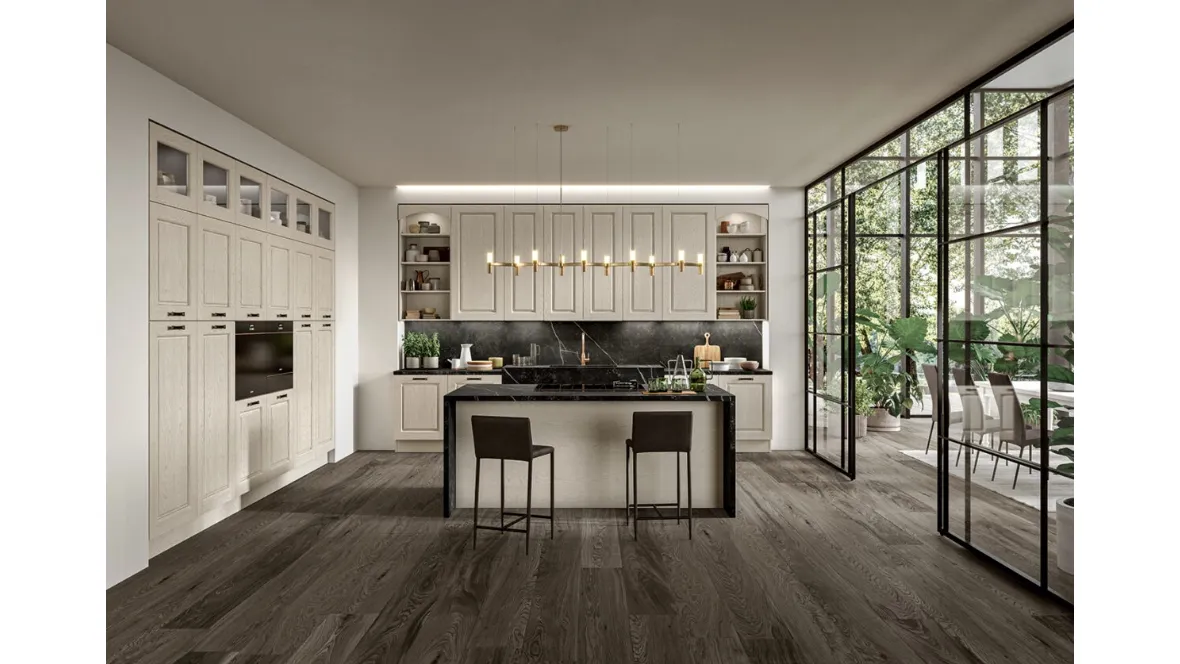 Cucina Classica con isola in legno di Frassino finitura Juta decapè e top in Dekton Verona di Arredo3