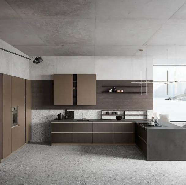 Cucina Moderna con penisola Anice 03 in Rovere Carbone, nobilitato Old Brass e Calce Nero di Valdesign