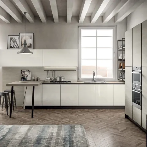 Cucina Moderna in laccato lucido e laminato Rovere Atalanta con penisola Cloe di Arredo3