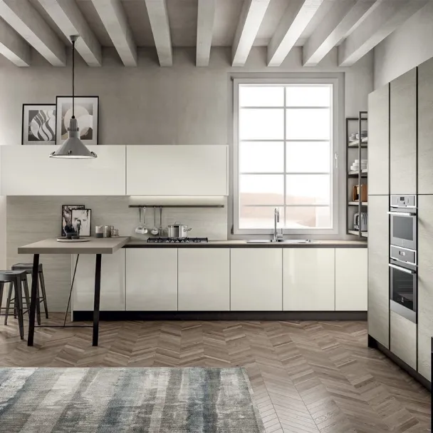 Cucina Moderna in laccato lucido e laminato Rovere Atalanta con penisola Cloe di Arredo3