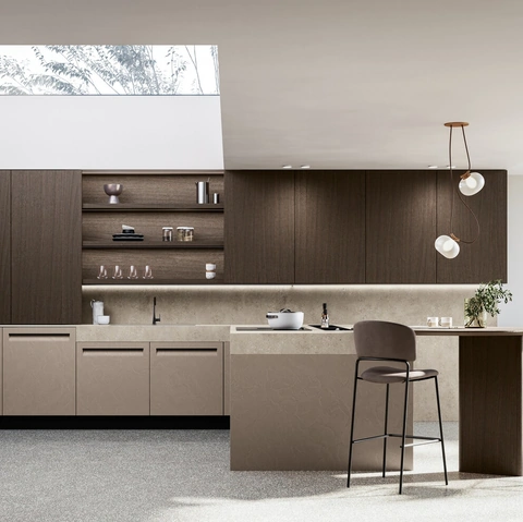 Cucina Moderna con penisola Tekna 02 in pet e noce di Arredo3
