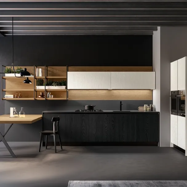 Cucina Moderna lineare Asia in laccato poro aperto Bianco e Nero opaco con top HPL Fenix Nero di Arredo3