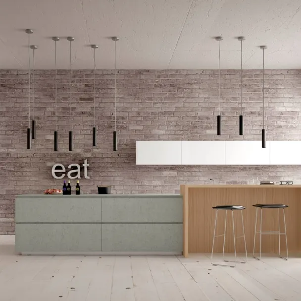 Cucina Moderna Forty5 01 finitura Resina cementizia Diorite, laccato Bianco e Olmo chiaro di Valdesign