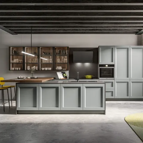 Cucina Moderna con isola in laccato poro aperto Grigio perla e penisola in finitura Rovere safari Frida Modern di Arredo3