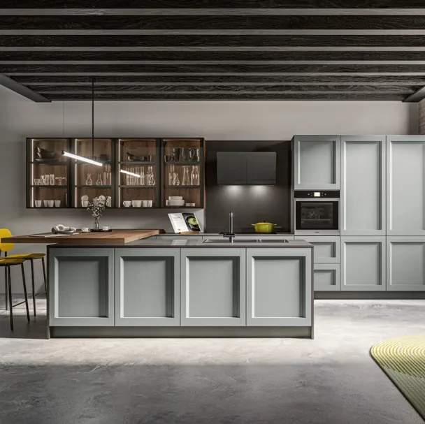 Cucina Moderna con isola in laccato poro aperto Grigio perla e penisola in finitura Rovere safari Frida Modern di Arredo3