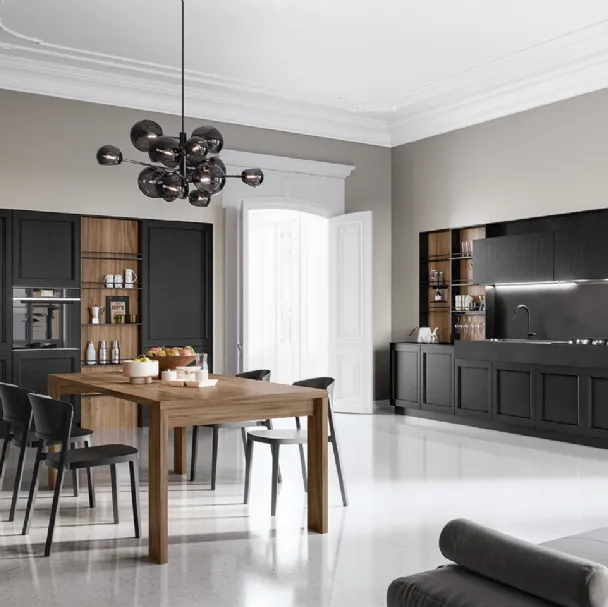 Cucina Moderna lineare in laccato poro aperto Nero e finitura Noce America Frida Modern di Arredo3