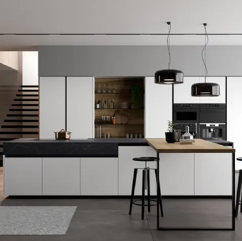 Cucina Moderna Glass 2 0 in vetro opaco bianco puro con penisola in laminato Noce Imperial di Arredo3