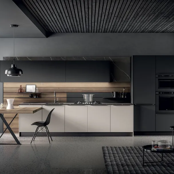 Cucina Moderna Kalì in laccato Fango e Nero opaco e laminato Noce America di Arredo3