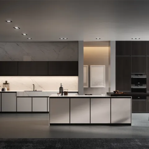 Cucina Moderna con isola in vetro opaco Bianco e Nebbia con top in Laminam Statuarietto Kronos di Arredo3