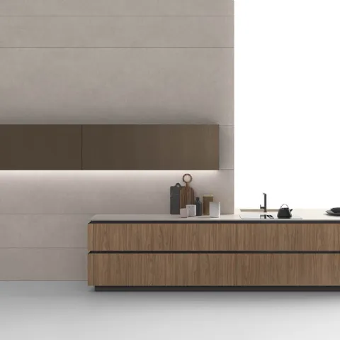 Cucina Moderna Logica 01 finitura nobilitato Noce naturale conb top in laminam Fokos sale di Valdesign