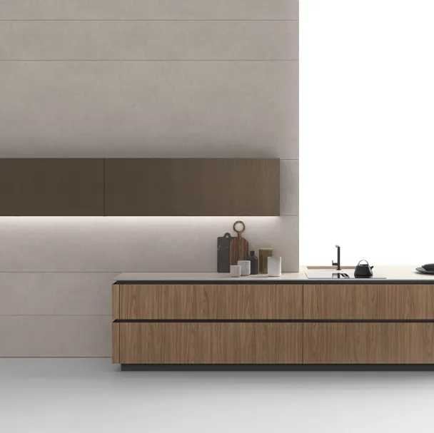 Cucina Moderna Logica 01 finitura nobilitato Noce naturale conb top in laminam Fokos sale di Valdesign