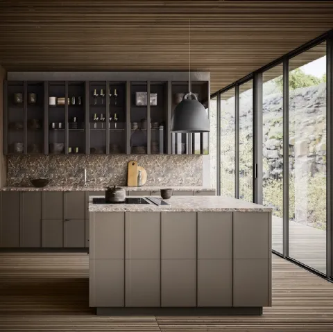 Cucina Moderna Maggiorana finitura laccato Fango Opaco con top in Marmo Emperador opaco di Valdesign