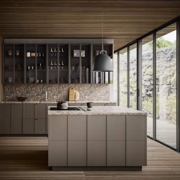 Cucina Moderna Maggiorana finitura laccato Fango Opaco con top in Marmo Emperador opaco di Valdesign