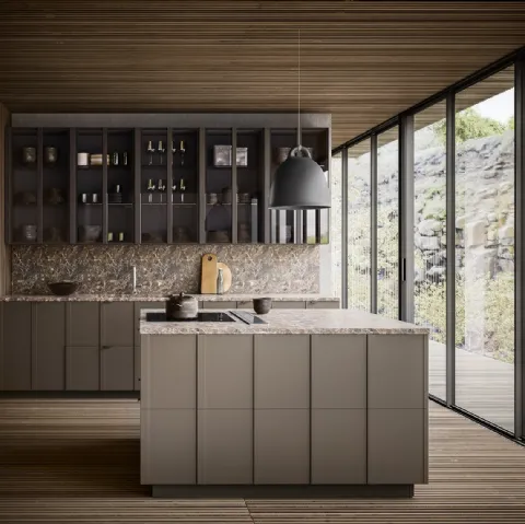 Cucina Moderna Maggiorana finitura laccato Fango Opaco e top Marmo di Valdesign