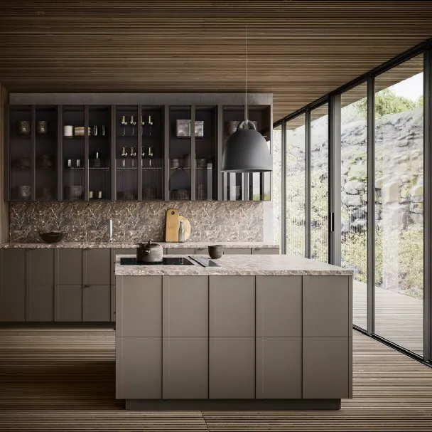Cucina Moderna Maggiorana finitura laccato Fango Opaco e top Marmo di Valdesign