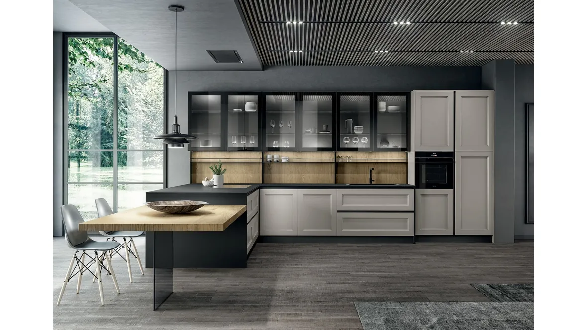 Cucina Moderna angolare con penisola in laccato opaco Nebbia, laminato Rovere biondo, vetro fumè e top in Fenix Nero Meg di Arredo3