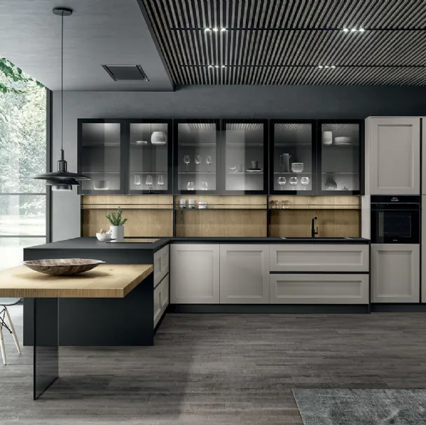 Cucina Moderna angolare con penisola in laccato opaco Nebbia, laminato Rovere biondo, vetro fumè e top in Fenix Nero Meg di Arredo3