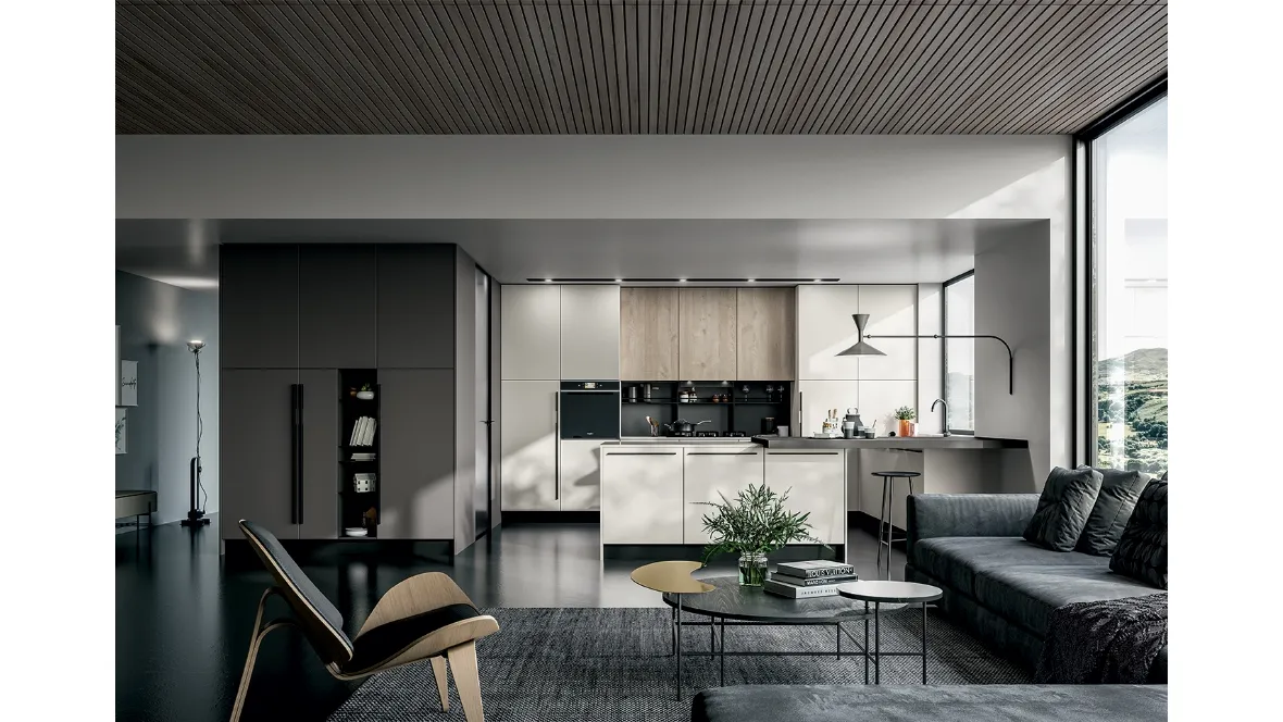Cucina Moderna Round angolare con penisola in laminato Seta Bianco e Roccia con top in Quarzo di Arredo3