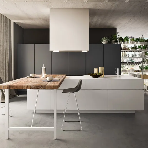 Cucina Moderna con isola Soho Fashion 02 in laccato opaco Bianco e Piombo con top tavolo in Olmo Antico di Valdesign