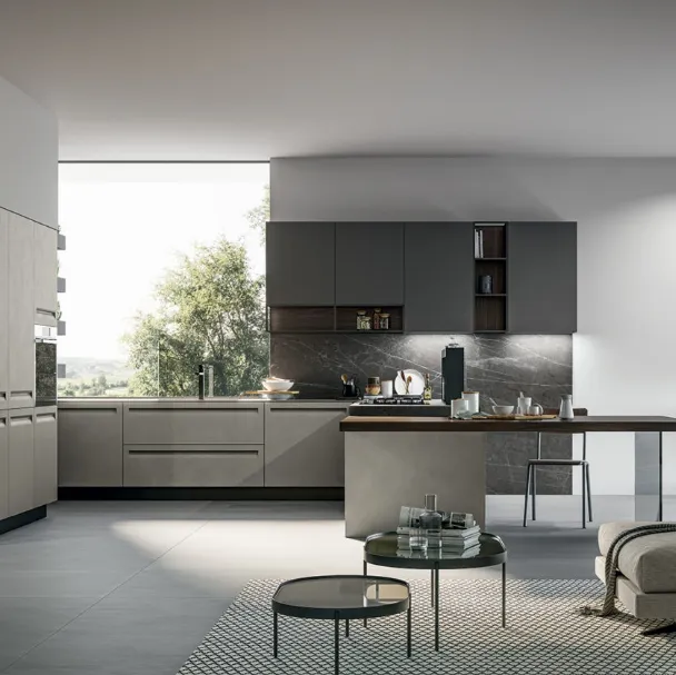 Cucina Moderna angolare in Pet opaco resina polvere, pensili in polimerico opaco lavagna e top in pietra grey con penisola Tekna di Arredo3