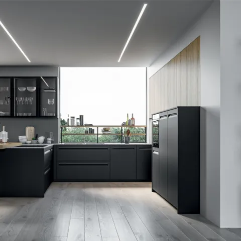 Cucina Moderna angolare Tekna in polimerico Nero opaco e laminato Rovere biondo di Arredo3