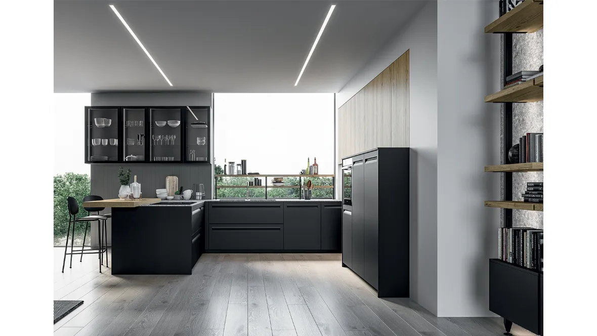 Cucina Moderna angolare Tekna in polimerico Nero opaco e laminato Rovere biondo di Arredo3