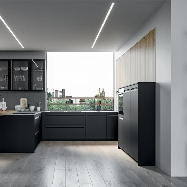 Cucina Moderna angolare Tekna in polimerico Nero opaco e laminato Rovere biondo di Arredo3