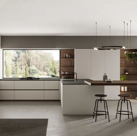 Cucina Moderna angolare laccato opaco Nebbia con penisola in Eucalipto Noce Time di Arredo3